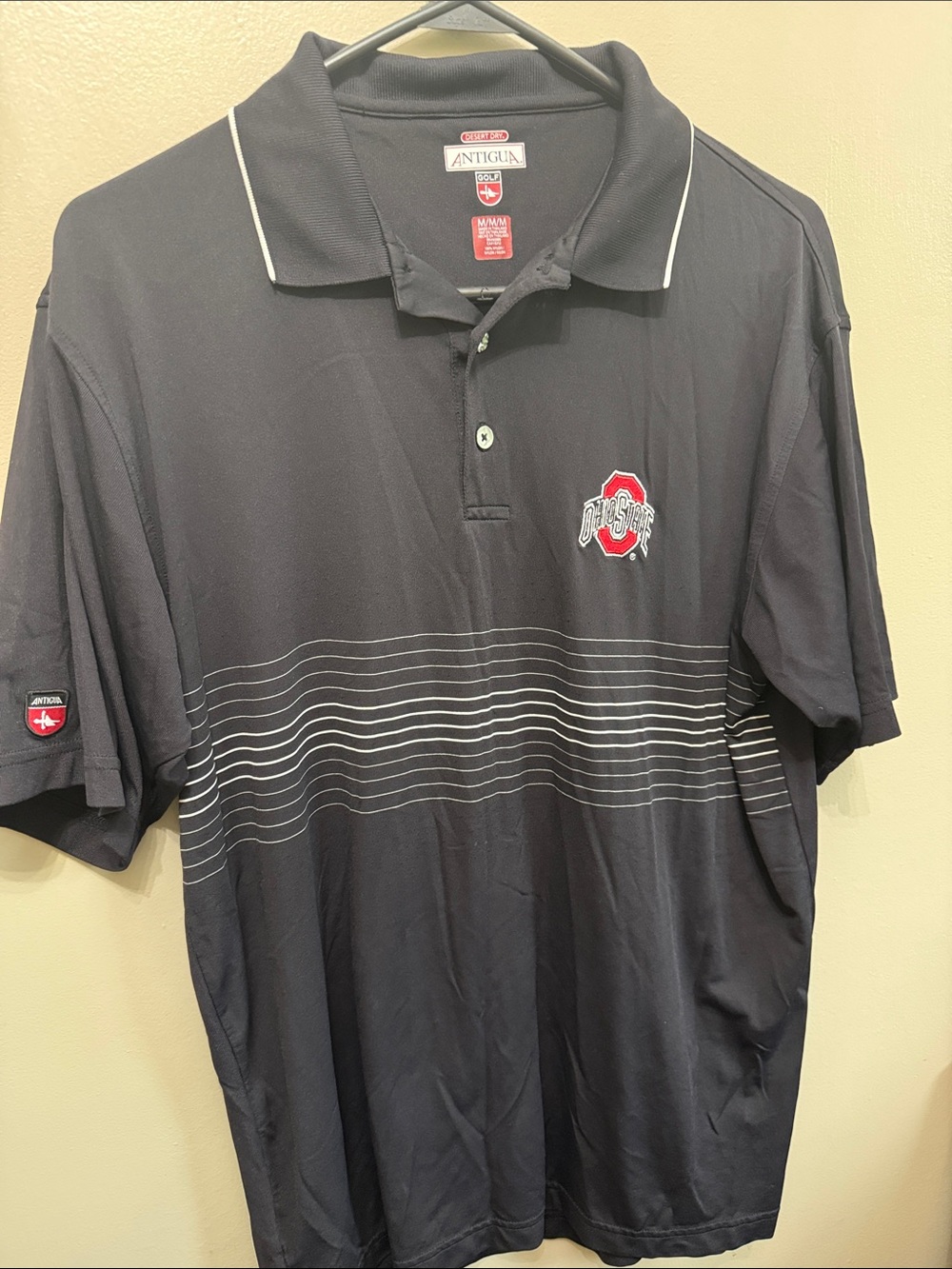 Antigua Black Polo with White Stripe and Ohio State Logo